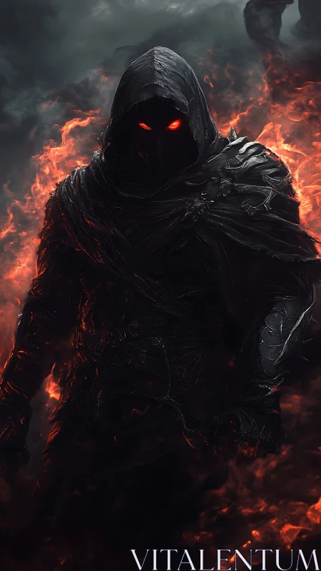 Hooded infernal warrior in charred armor emerging from volumetric fire
