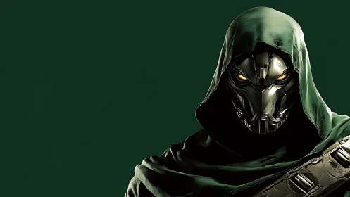 Armored hooded cyborg portrait with glowing amber eyes on green