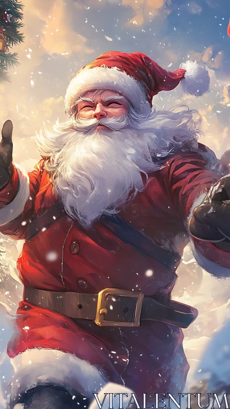 Digital painting of dynamic Santa Claus in snowy perspective.