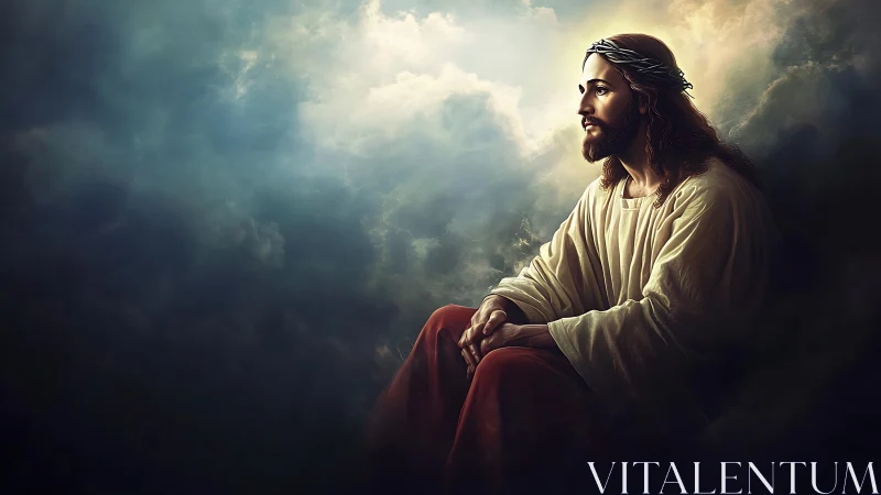 Serene crowned figure in glowing clouds, contemplative profile.