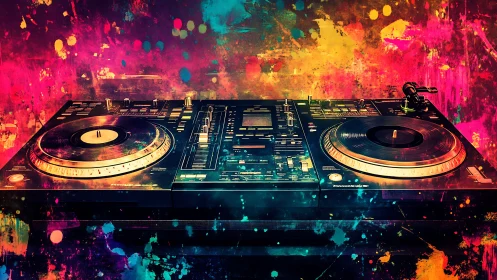 Color-splashed DJ turntables glow with electric party energy
