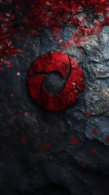 Crimson leaf sigil carved in stone beneath autumn canopy.