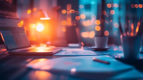 Laptop on modern desk in warm orange evening light.
