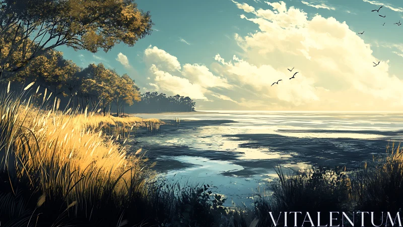 Golden marsh shoreline under expansive luminous sky.