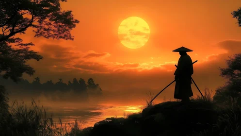 Lone river samurai waits beneath a molten ember sunset sky.