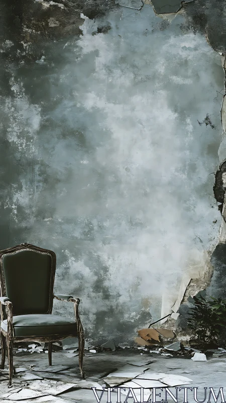 Vintage green chair in decayed interior with cracked wall.