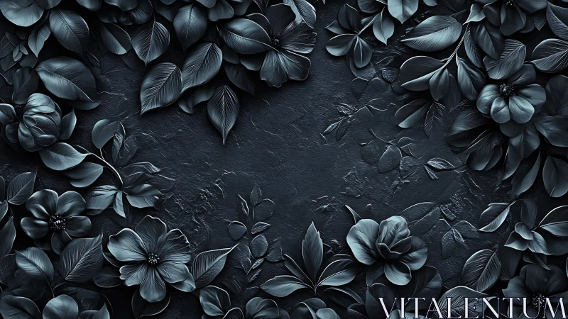 Dark botanical relief frames empty textured stone center