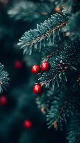 Deep green fir needles cradle bright berries in quiet winter