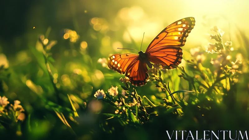 Sunlit monarch butterfly hovering in glowing meadow haze.