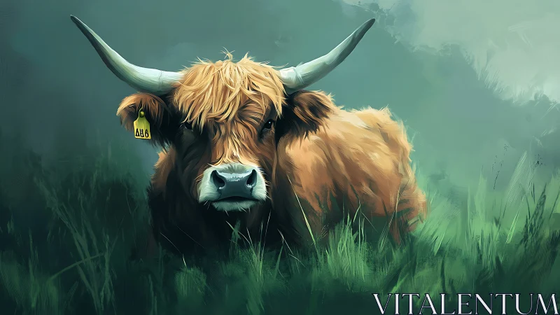 Highland cow portrait in misty green pasture digital art.