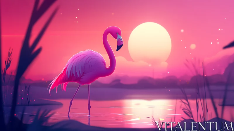 Flamingo stands in shallow reflective water at stylized sunset