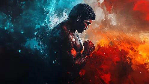 Focused fighter framed by swirling fire and ice colors.