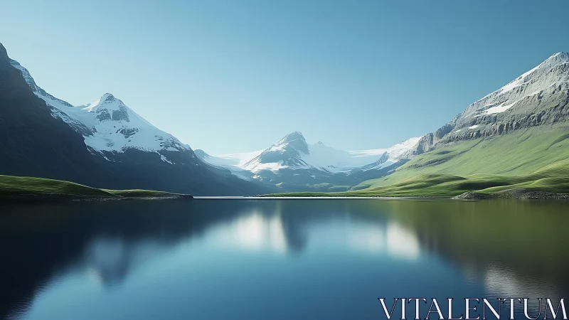 Snowcrowned peaks kiss a mirror-still alpine blue lake.