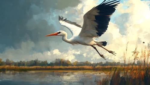Large white stork captured mid-flight over marshland with painterly brushwork