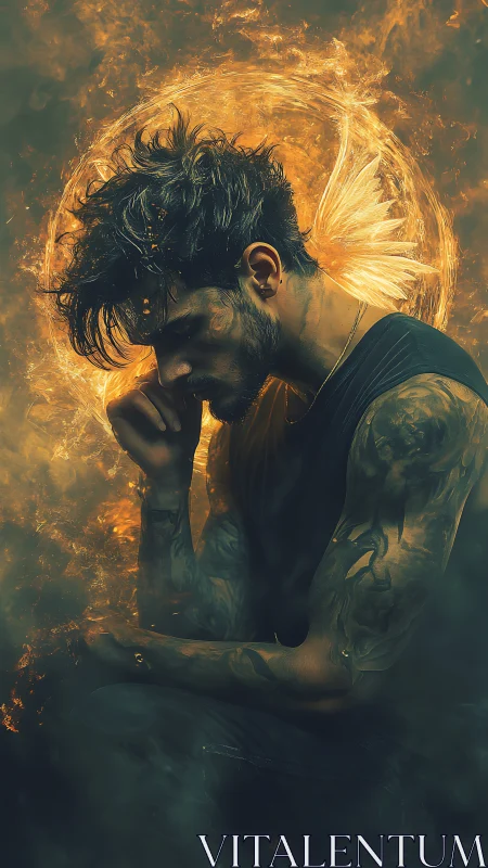 Brooding tattooed man framed by blazing golden phoenix