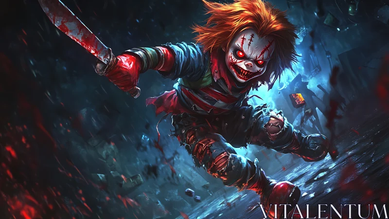 Killer clown doll charges forward with bloodied knife raised