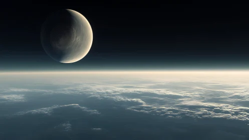 Eclipsed marble hangs above a silver sea of frozen clouds