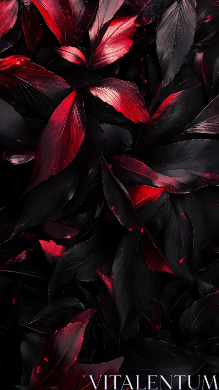 Velvet red leaves glowing softly in inky shadowed night.