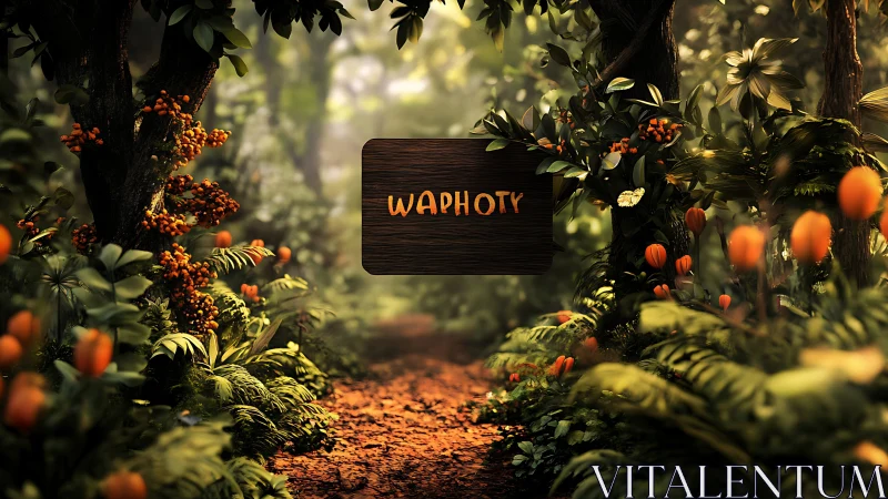 Sunlit forest path with playful wooden welcome sign.