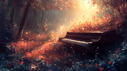 Enchanted forest piano under glowing autumn light.