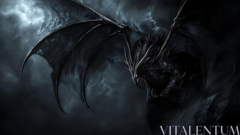 Dark dragon spreads jagged wings inside storm-torn night sky