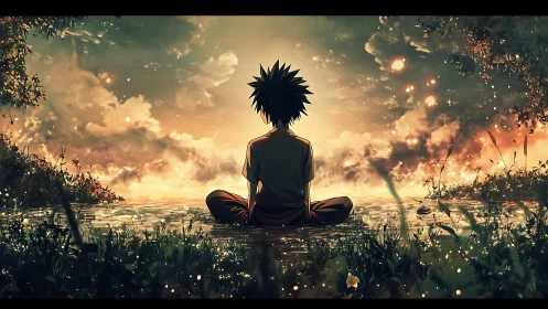 Sunset lake meditation with gentle anime dreamlight glow.