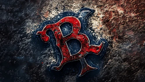 Corroded red gothic B emblem on textured metallic substrate.