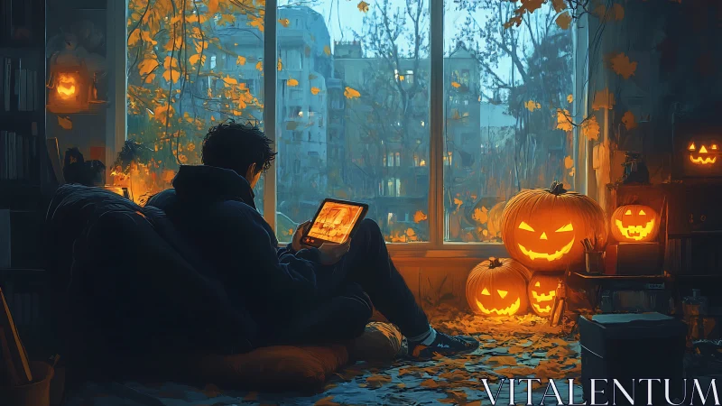 Pumpkin-lit autumn studio where digital ghosts quietly glow.