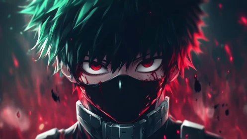 Masked anime antihero stares through crimson embers