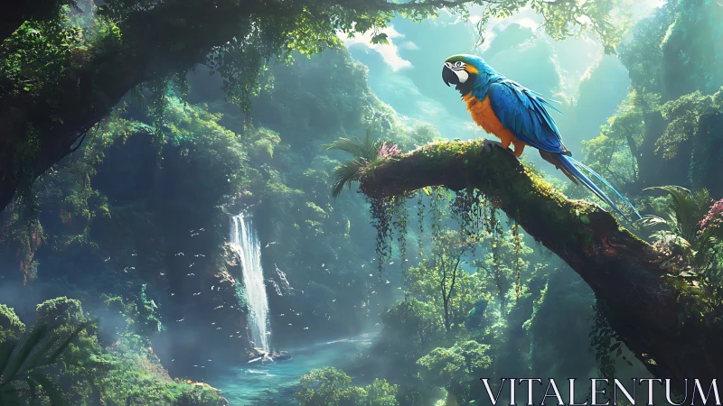 Blue macaw on mossy jungle branch above tall waterfall.