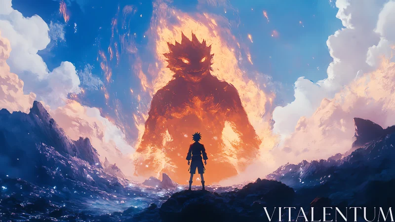 Silhouetted figure facing towering fiery elemental entity.