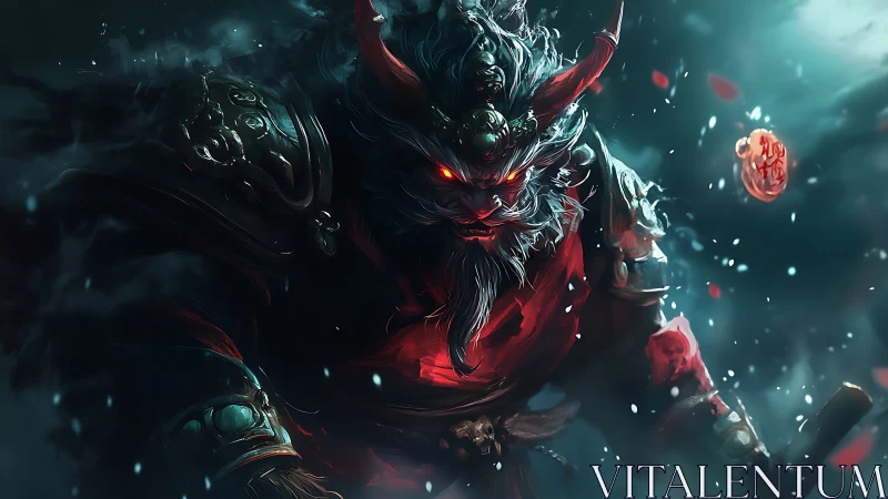 Demonic warlord prowls through stormlit embers of battle fury