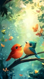 Two colorful songbirds rest on branch under glowing forest sky