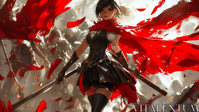 Warrior heroine in red scarf dominates dynamic battle tableau