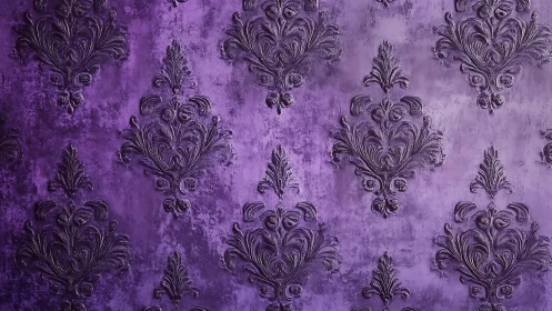 Baroque damask relief pattern over textured purple wall surface