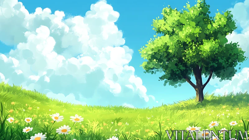 Sunny hillside daydream beneath a lone whispering tree.