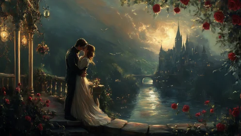Romantic figures overlooking fantasy castle landscape.