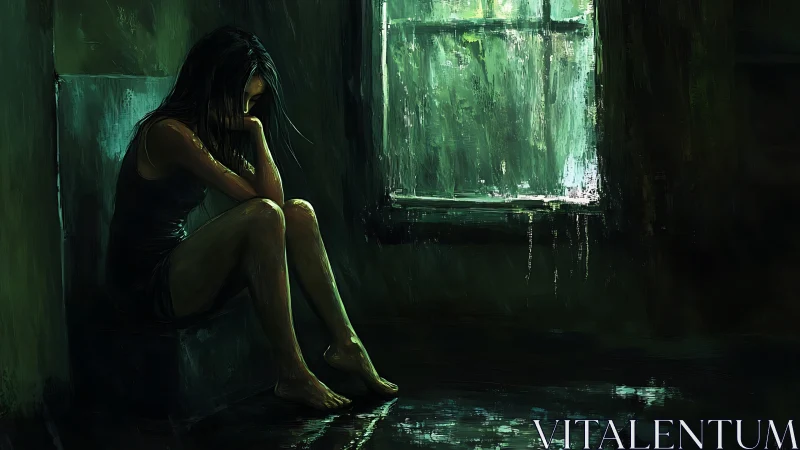 Solitary girl in rainlit room soaking in emerald silence.