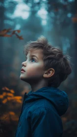 Young Boy in Blue Jacket, Upward Gaze in Misty Forest.