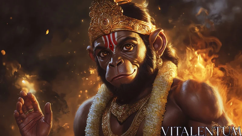 Fiery simian deity glows in garlands, gold and embers.