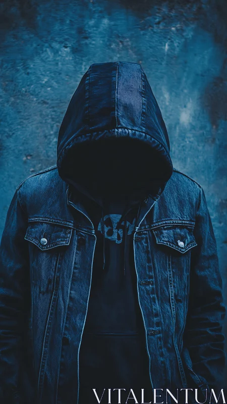 Hooded figure in denim jacket against textured blue wall.