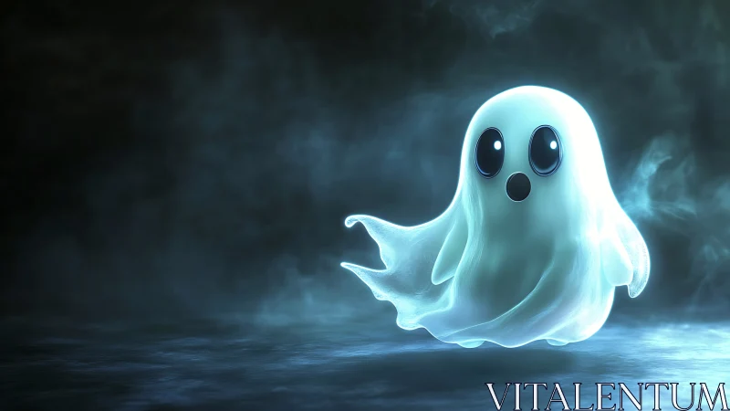 Glowing cartoon ghost floats through eerie blue mist.