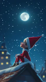 Child in Santa suit dreams under a bright winter full moon