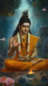 Serene Hindu deity in orange robes meditating by water.