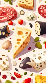 Cheese wedges, charcuterie slices, and assorted garnishes.