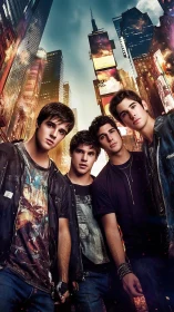 Urban boy band stands under neon city inferno sky.