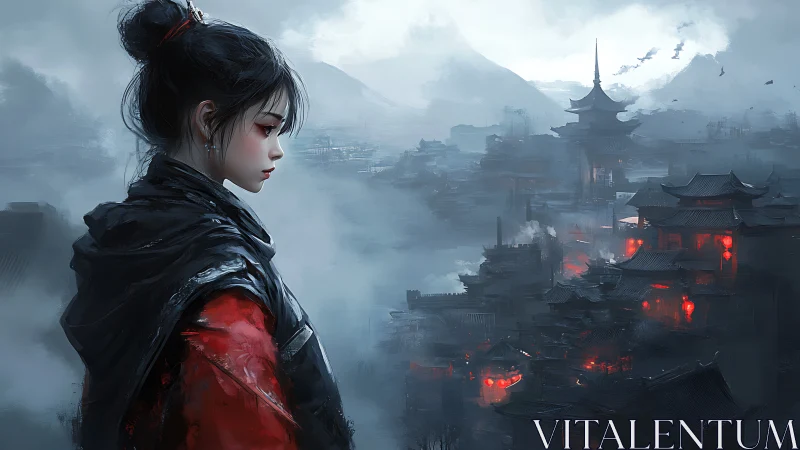 Quiet watcher above a misty lantern city at dusk.