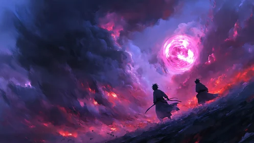 Two sword-wielding figures walk toward glowing vortex sky