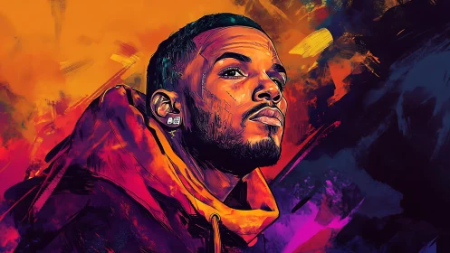 Digital portrait depicts a male figure in warm contrasted lighting