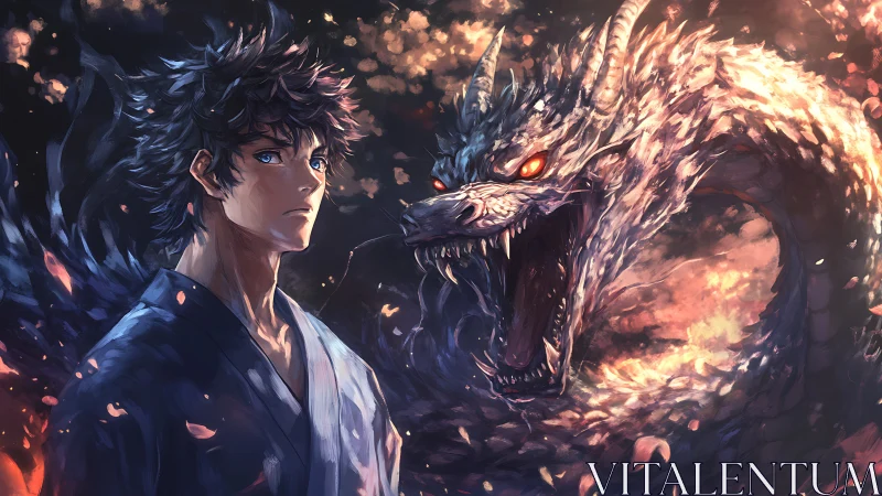 Young warrior stands before roaring elemental dragon.